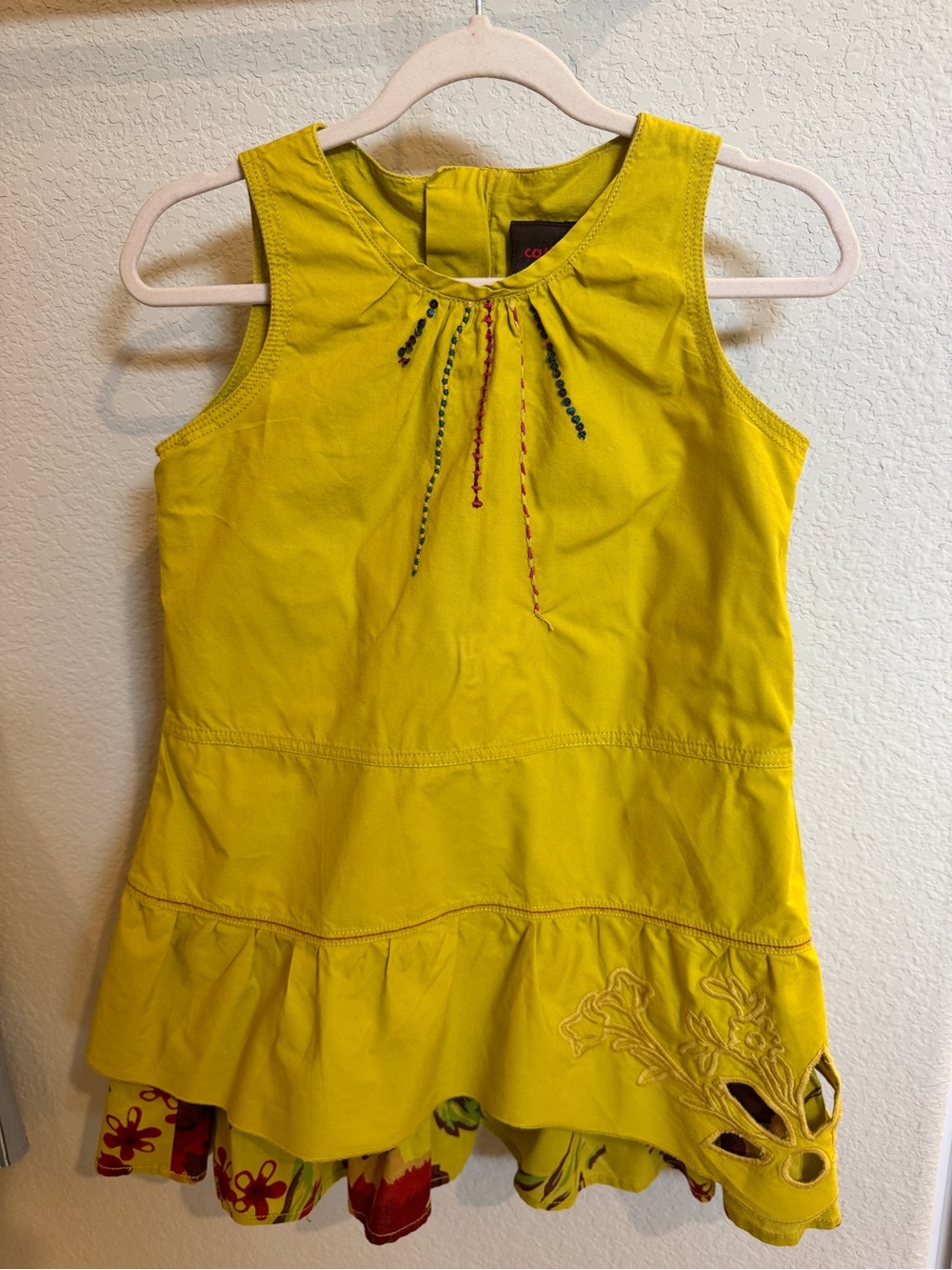 Tea Collection Yellow Embroidered Tank Dress with Ruffle Hem